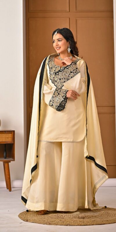MD 3079 Cream Color Roman Silk Salwar Suit with Embroidery Work. Available at ₹2499 only. Delivery 4-6 Working Days. Shop now. | Casual Suits, Jump Suits, Creative suits, Designer Suits, Palazzo Suits, Party Wear Suits, Patiala Suits, Salwar suit, Straight Suits