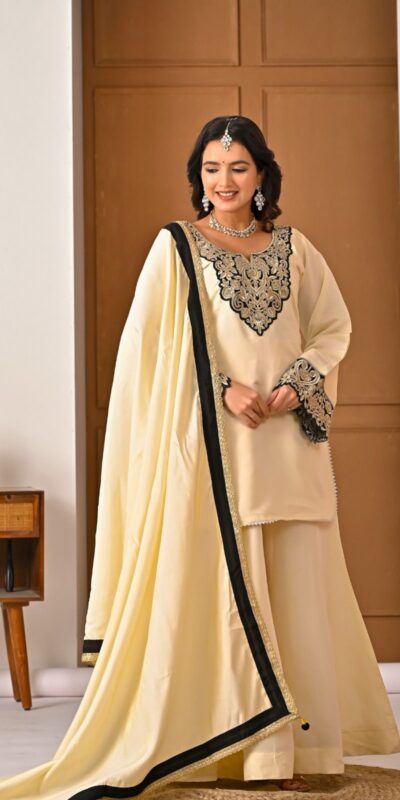 MD 3079 Cream Color Roman Silk Salwar Suit with Embroidery Work. Available at ₹2499 only. Delivery 4-6 Working Days. Shop now. | Casual Suits, Jump Suits, Creative suits, Designer Suits, Palazzo Suits, Party Wear Suits, Patiala Suits, Salwar suit, Straight Suits