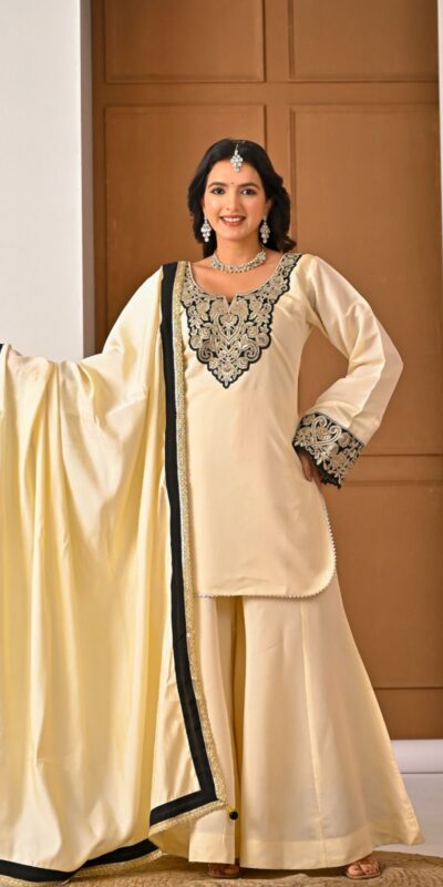 MD 3079 Cream Color Roman Silk Salwar Suit with Embroidery Work. Available at ₹2499 only. Delivery 4-6 Working Days. Shop now. | Casual Suits, Jump Suits, Creative suits, Designer Suits, Palazzo Suits, Party Wear Suits, Patiala Suits, Salwar suit, Straight Suits