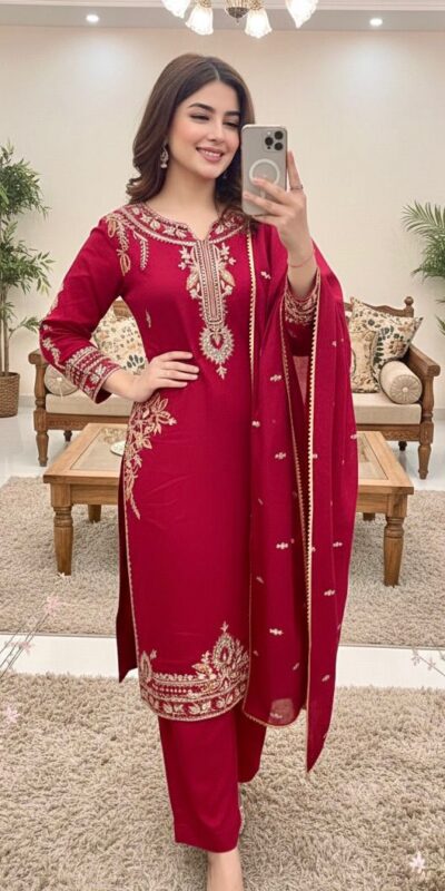 MT 1066 Red Color Roman Silk Salwar Suit with Embroidery Work. Available at ₹2049 only. Delivery 4-6 Working Days. Shop now. | Casual Suits, Jump Suits, Creative suits, Designer Suits, Palazzo Suits, Party Wear Suits, Patiala Suits, Salwar suit, Straight Suits