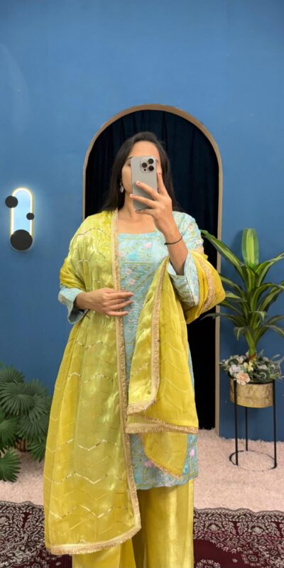 ST 1099 Sky Blue Zimmy Silk Salwar Suit Perfect for Wedding, Party, Karwa Chauth, Haldi, Eid – . Special Price ₹2449. Delivery 4-6 Working Days. Shop no | Casual Suits, Jump Suits, Creative suits, Designer Suits, Palazzo Suits, Party Wear Suits, Patiala Suits, Salwar suit, Straight Suits