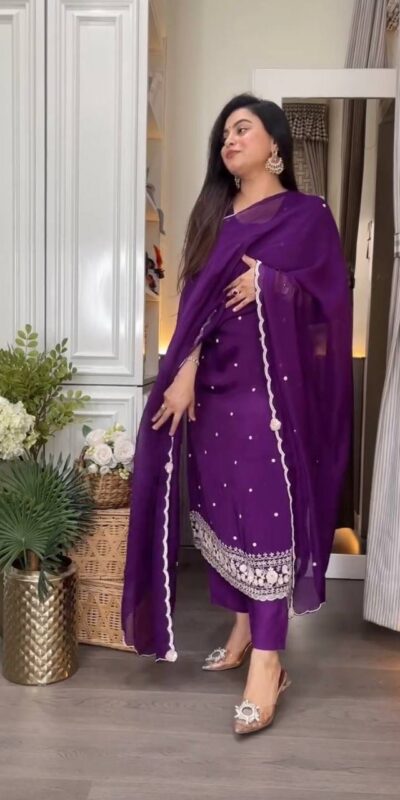 DC 98 Purple Color Chinon Silk Sawlar Suit with Embroidery Work. Exclusive Offer ₹1799. Delivery 4-6 Working Days. Shop now. | Casual Suits, Jump Suits, Creative suits, Designer Suits, Palazzo Suits, Party Wear Suits, Patiala Suits, Salwar suit, Straight Suits