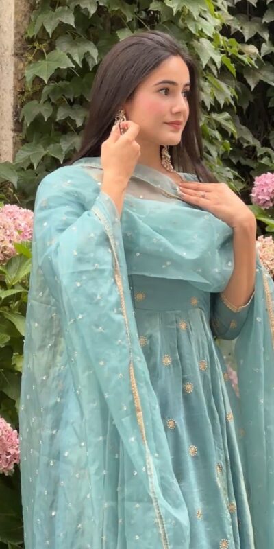 SSR 524 Sky Blue Color Vichitra silk Gown with Bead Work & Lace Work. Now at just ₹1999. Delivery 4-6 Working Days. Shop now. | Bollywood Gowns, Creative Gowns, Designer Gowns, Embroidered Gowns, Gowns, Party Wear Gowns