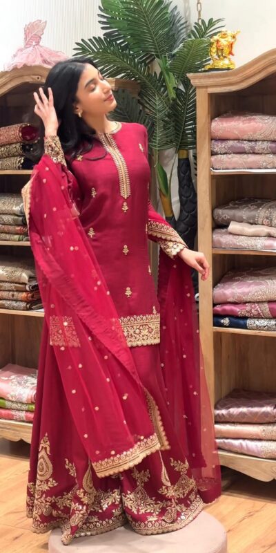 MF 501 Red Natural Crep Salwar Suit Brown with Embroidery Work. Exclusive Offer ₹2549. Delivery 4-6 Working Days. Shop now. | Casual Suits, Jump Suits, Creative suits, Designer Suits, Palazzo Suits, Party Wear Suits, Patiala Suits, Salwar suit, Straight Suits