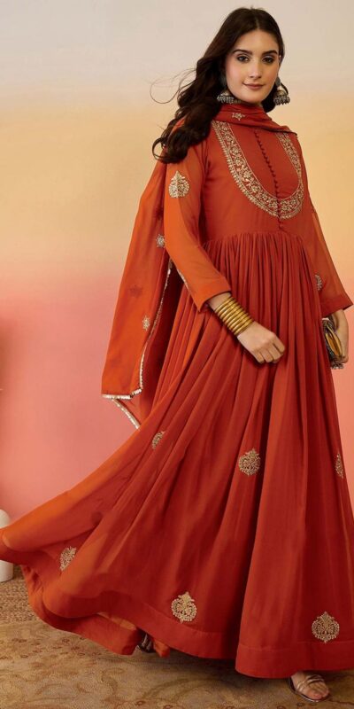 ZF 501 Rust Color Fox Blooming Georgette Gown with Lace Work. Affordable Price ₹2149. Delivery 4-6 Working Days. Shop now. | Bollywood Gowns, Creative Gowns, Designer Gowns, Embroidered Gowns, Gowns, Party Wear Gowns