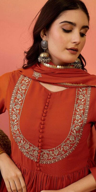 ZF 501 Rust Color Fox Blooming Georgette Gown with Lace Work. Affordable Price ₹2149. Delivery 4-6 Working Days. Shop now. | Bollywood Gowns, Creative Gowns, Designer Gowns, Embroidered Gowns, Gowns, Party Wear Gowns