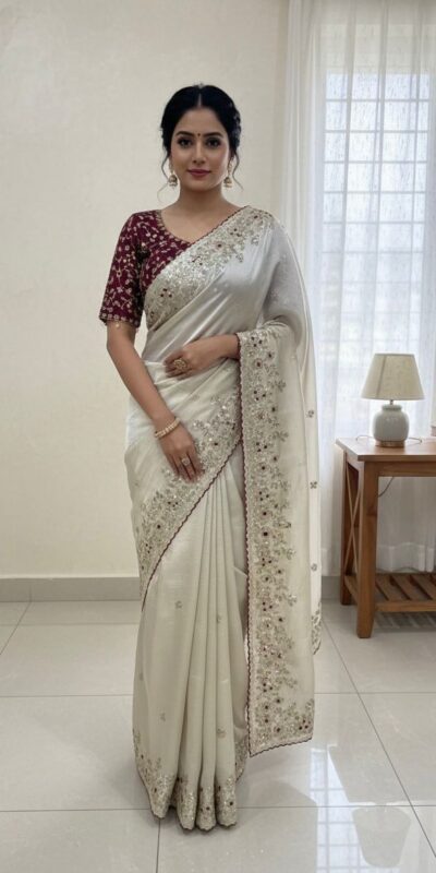 NC 5555 White Organza Silk Saree with Sequins Work & Embroidery Work. Exclusive Offer ₹2049. Delivery 4-6 Working Days. Shop now. | Creative Sarees, Bollywood Sarees, Designer Sarees, Embroidered Sarees, Ethnic Saree, Modern Digital sarees, Party Wear Sarees, Sarees