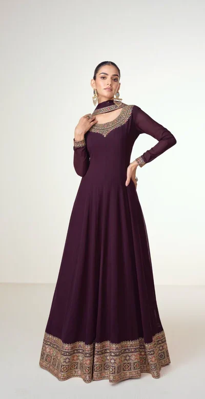 Wine Blooming Georgette Embroidery Work Salwar Suit