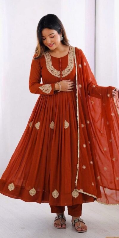 ZF 5018 Orange Color Blooming Georgette Gown With Coding Work . Get it for ₹2049. Delivery 4-6 Working Days. Online Shop now. | Bollywood Gowns, Creative Gowns, Designer Gowns, Embroidered Gowns, Gowns, Party Wear Gowns