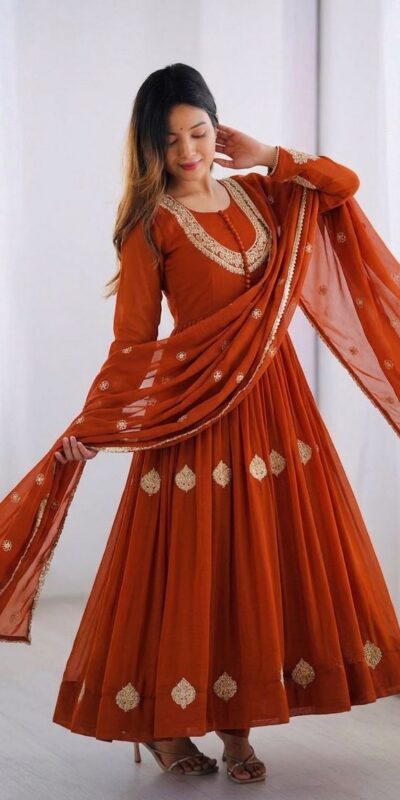 ZF 5018 Orange Color Blooming Georgette Gown With Coding Work . Get it for ₹2049. Delivery 4-6 Working Days. Online Shop now. | Bollywood Gowns, Creative Gowns, Designer Gowns, Embroidered Gowns, Gowns, Party Wear Gowns