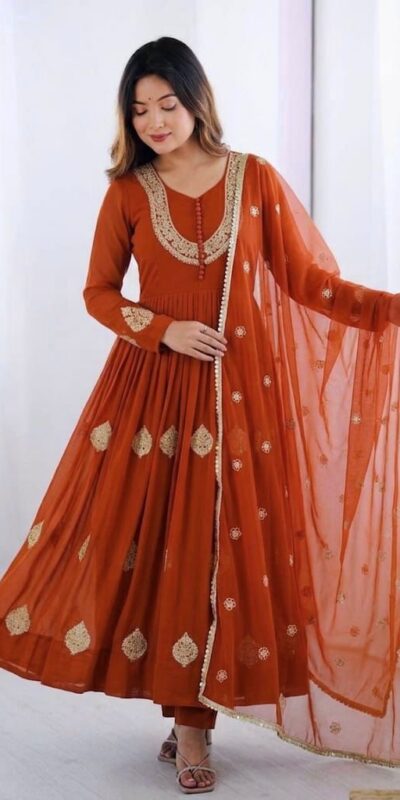 ZF 5018 Orange Color Blooming Georgette Gown With Coding Work . Get it for ₹2049. Delivery 4-6 Working Days. Online Shop now. | Bollywood Gowns, Creative Gowns, Designer Gowns, Embroidered Gowns, Gowns, Party Wear Gowns