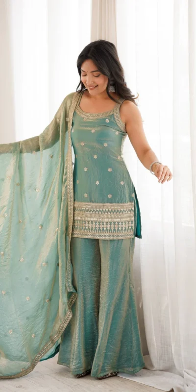 KB 302 Sea Green Fendy Silk Salwar Suit with Mirror Work & Embroidery Work. Best Price ₹2049. Delivery 4-6 Working Days. Shop now. | Casual Suits, Jump Suits, Creative suits, Designer Suits, Palazzo Suits, Party Wear Suits, Patiala Suits, Salwar suit, Straight Suits
