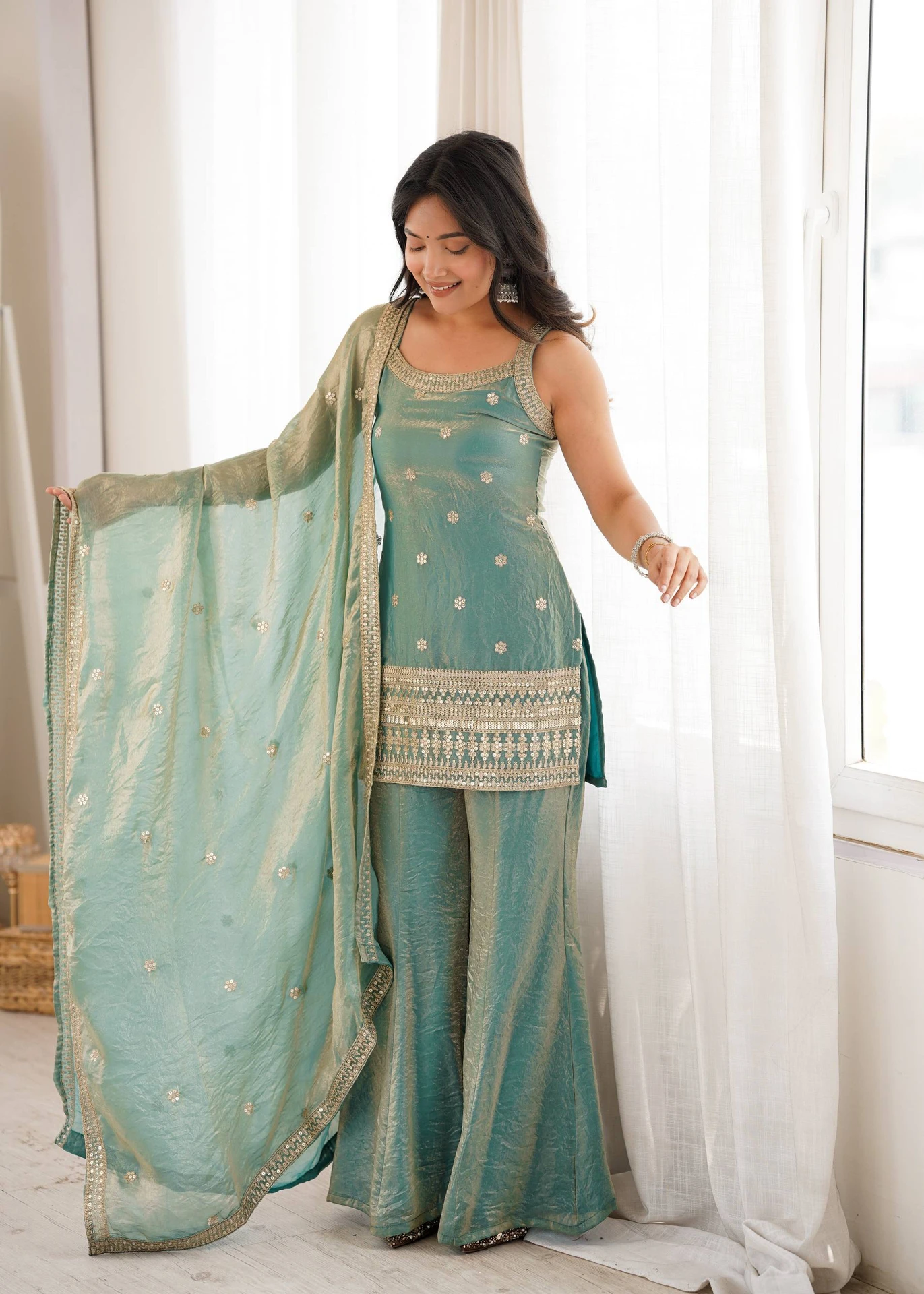 KB 302 Sea Green Fendy Silk Salwar Suit with Mirror Work & Embroidery Work. Best Price ₹2049. Delivery 4-6 Working Days. Shop now. | Casual Suits, Jump Suits, Creative suits, Designer Suits, Palazzo Suits, Party Wear Suits, Patiala Suits, Salwar suit, Straight Suits