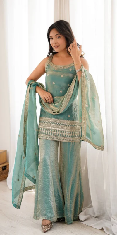 KB 302 Sea Green Fendy Silk Salwar Suit with Mirror Work & Embroidery Work. Best Price ₹2049. Delivery 4-6 Working Days. Shop now. | Casual Suits, Jump Suits, Creative suits, Designer Suits, Palazzo Suits, Party Wear Suits, Patiala Suits, Salwar suit, Straight Suits