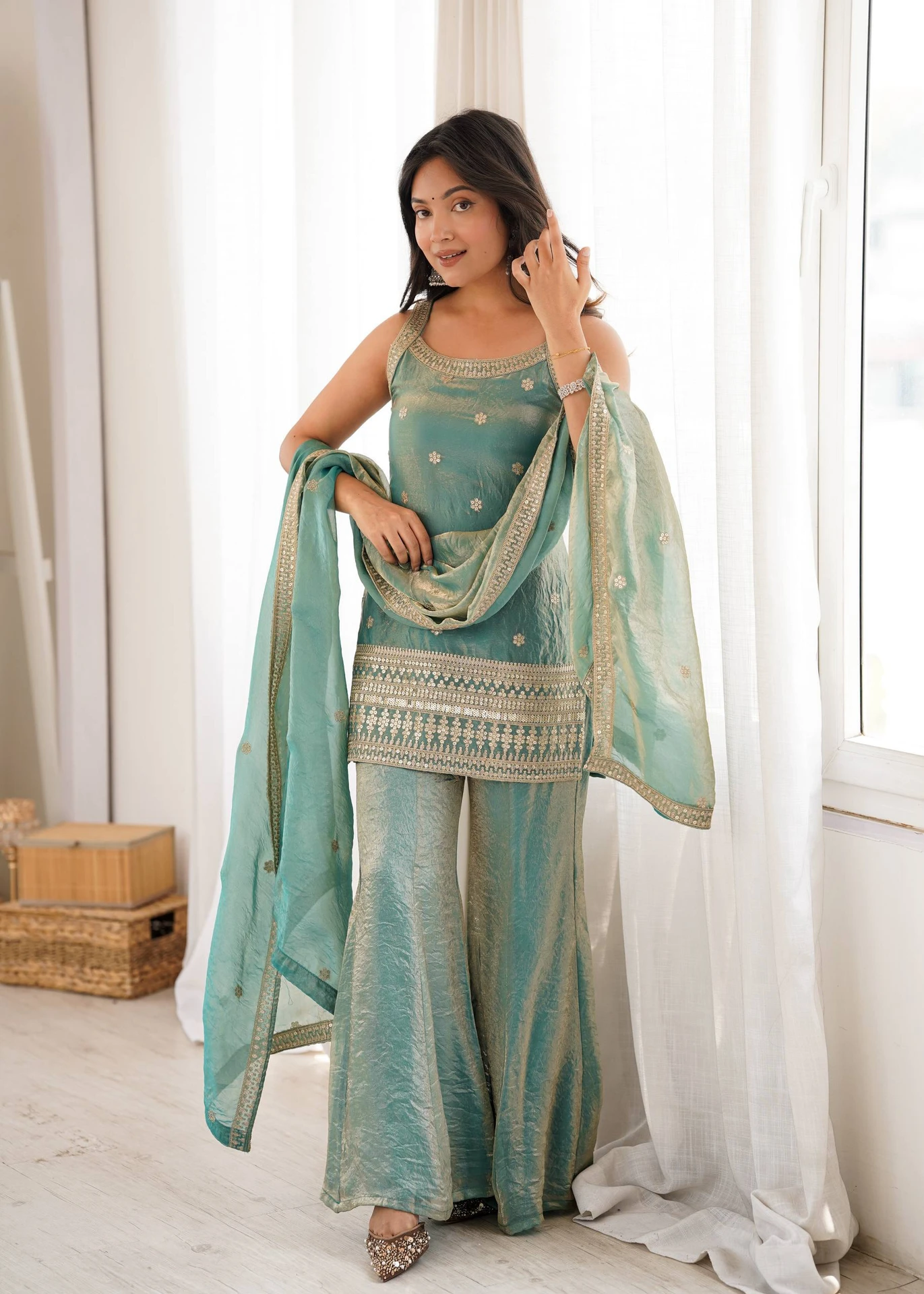 KB 302 Sea Green Fendy Silk Salwar Suit with Mirror Work & Embroidery Work. Best Price ₹2049. Delivery 4-6 Working Days. Shop now. | Casual Suits, Jump Suits, Creative suits, Designer Suits, Palazzo Suits, Party Wear Suits, Patiala Suits, Salwar suit, Straight Suits