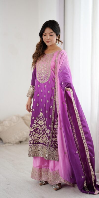 KD 1621 Purple Shaded Chinon silk Salwar Suit with Thread Embroidery. Festive Deal ₹2399. Delivery 4-6 Working Days. Shop now. | Casual Suits, Jump Suits, Creative suits, Designer Suits, Palazzo Suits, Party Wear Suits, Patiala Suits, Salwar suit, Straight Suits