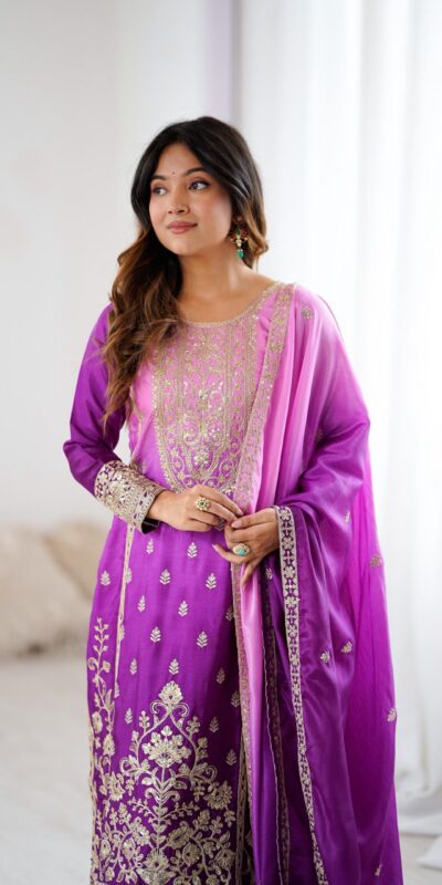 KD 1621 Purple Shaded Chinon silk Salwar Suit with Thread Embroidery. Festive Deal ₹2399. Delivery 4-6 Working Days. Shop now. | Casual Suits, Jump Suits, Creative suits, Designer Suits, Palazzo Suits, Party Wear Suits, Patiala Suits, Salwar suit, Straight Suits