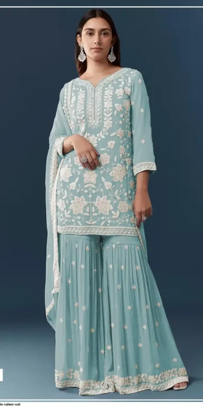 FC 727 Blue Chiffon Georgette Salwar Suit. Perfect for Wedding, Party, Baby Shower, Pooja, Temple Visit – Grab it for ₹2599. Delivery 4-6 Work | Casual Suits, Jump Suits, Creative suits, Designer Suits, Palazzo Suits, Party Wear Suits, Patiala Suits, Salwar suit, Straight Suits
