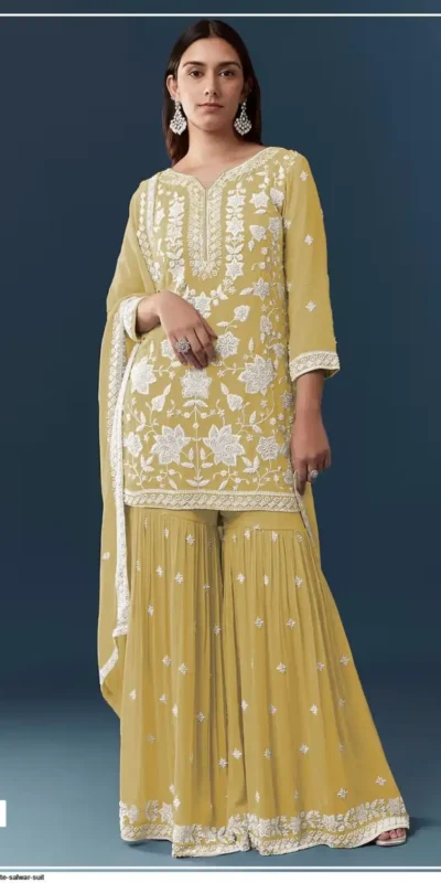 FC 727 Yellow Chiffon Georgette Salwar Suit. Perfect for Wedding, Party, Baby Shower, Pooja, Temple Visit – Grab it for ₹2599. Delivery 4-6 Work | Casual Suits, Jump Suits, Creative suits, Designer Suits, Palazzo Suits, Party Wear Suits, Patiala Suits, Salwar suit, Straight Suits