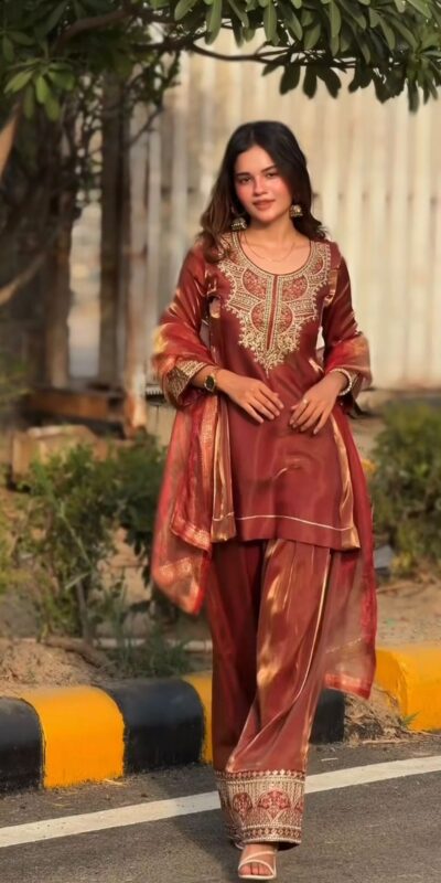 NF 1285 Rust Fandy Silk Salwar Suit with Lace Work & Embroidery Work. Introductory Price ₹2149. Delivery 4-6 Working Days. Shop now. | Casual Suits, Jump Suits, Creative suits, Designer Suits, Palazzo Suits, Party Wear Suits, Patiala Suits, Salwar suit, Straight Suits
