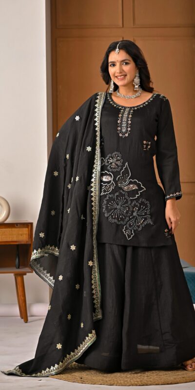 ND 5067 Black Vichitra Silk Salwar Suit with Embroidery Work. Wedding, Party, Festive, Events, Grab it for ₹2399. Delivery 4-6 Working Days. Shop now. | Casual Suits, Jump Suits, Creative suits, Designer Suits, Palazzo Suits, Party Wear Suits, Patiala Suits, Salwar suit, Straight Suits