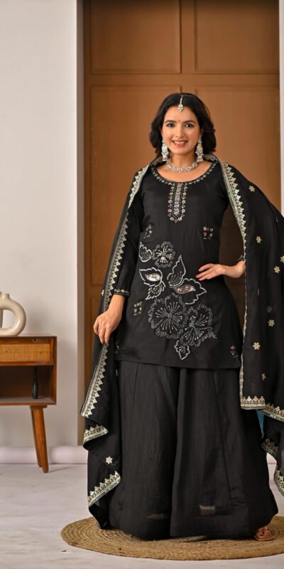ND 5067 Black Vichitra Silk Salwar Suit with Embroidery Work. Wedding, Party, Festive, Events, Grab it for ₹2399. Delivery 4-6 Working Days. Shop now. | Casual Suits, Jump Suits, Creative suits, Designer Suits, Palazzo Suits, Party Wear Suits, Patiala Suits, Salwar suit, Straight Suits