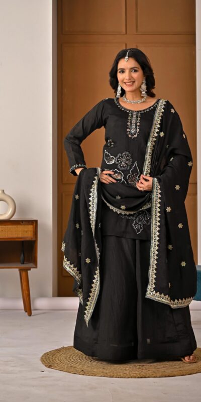 ND 5067 Black Vichitra Silk Salwar Suit with Embroidery Work. Wedding, Party, Festive, Events, Grab it for ₹2399. Delivery 4-6 Working Days. Shop now. | Casual Suits, Jump Suits, Creative suits, Designer Suits, Palazzo Suits, Party Wear Suits, Patiala Suits, Salwar suit, Straight Suits