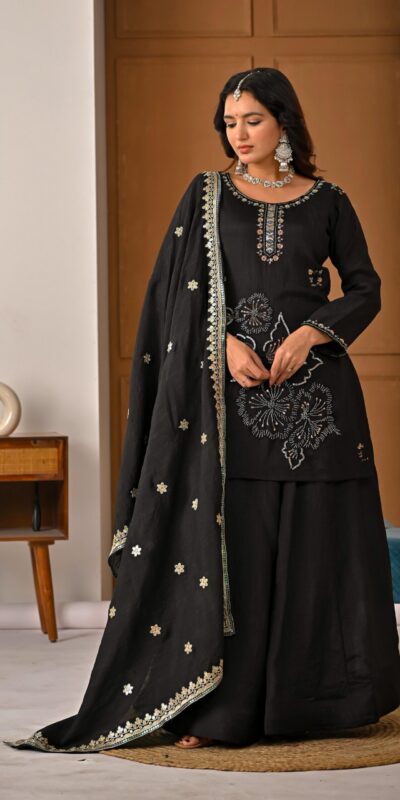 ND 5067 Black Vichitra Silk Salwar Suit with Embroidery Work. Wedding, Party, Festive, Events, Grab it for ₹2399. Delivery 4-6 Working Days. Shop now. | Casual Suits, Jump Suits, Creative suits, Designer Suits, Palazzo Suits, Party Wear Suits, Patiala Suits, Salwar suit, Straight Suits