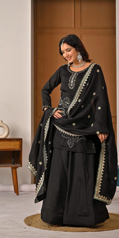 ND 5067 Black Vichitra Silk Salwar Suit with Embroidery Work. Wedding, Party, Festive, Events, Grab it for ₹2399. Delivery 4-6 Working Days. Shop now. | Casual Suits, Jump Suits, Creative suits, Designer Suits, Palazzo Suits, Party Wear Suits, Patiala Suits, Salwar suit, Straight Suits