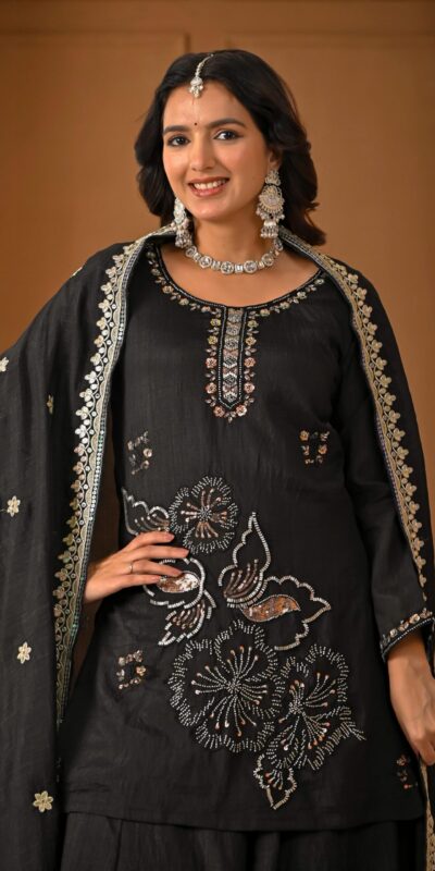 ND 5067 Black Vichitra Silk Salwar Suit with Embroidery Work. Wedding, Party, Festive, Events, Grab it for ₹2399. Delivery 4-6 Working Days. Shop now. | Casual Suits, Jump Suits, Creative suits, Designer Suits, Palazzo Suits, Party Wear Suits, Patiala Suits, Salwar suit, Straight Suits
