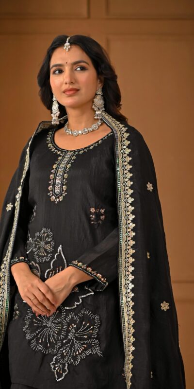 ND 5067 Black Vichitra Silk Salwar Suit with Embroidery Work. Wedding, Party, Festive, Events, Grab it for ₹2399. Delivery 4-6 Working Days. Shop now. | Casual Suits, Jump Suits, Creative suits, Designer Suits, Palazzo Suits, Party Wear Suits, Patiala Suits, Salwar suit, Straight Suits