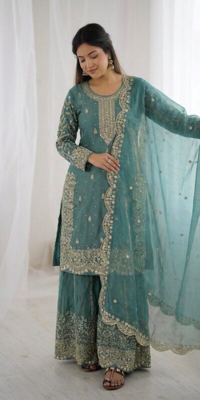 ZSR 3167 Sea Green Fendy Silk Salwar Suitwith Embroidery Work & Lace Work. Now at just ₹2149. Delivery 4-6 Working Days. Shop now. | Casual Suits, Jump Suits, Creative suits, Designer Suits, Palazzo Suits, Party Wear Suits, Patiala Suits, Salwar suit, Straight Suits