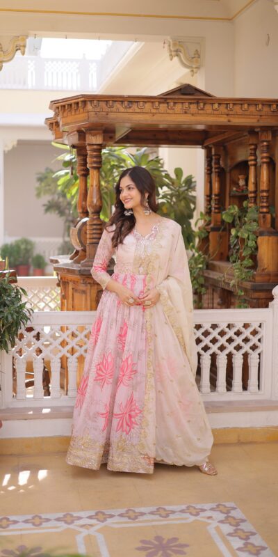 KA 1243 CreamColor Russian Silk Gown with Zari Work & Embroidery Work. Now at just ₹2499. Delivery 4-6 Working Days. Shop now. | Bollywood Gowns, Creative Gowns, Designer Gowns, Embroidered Gowns, Gowns, Party Wear Gowns