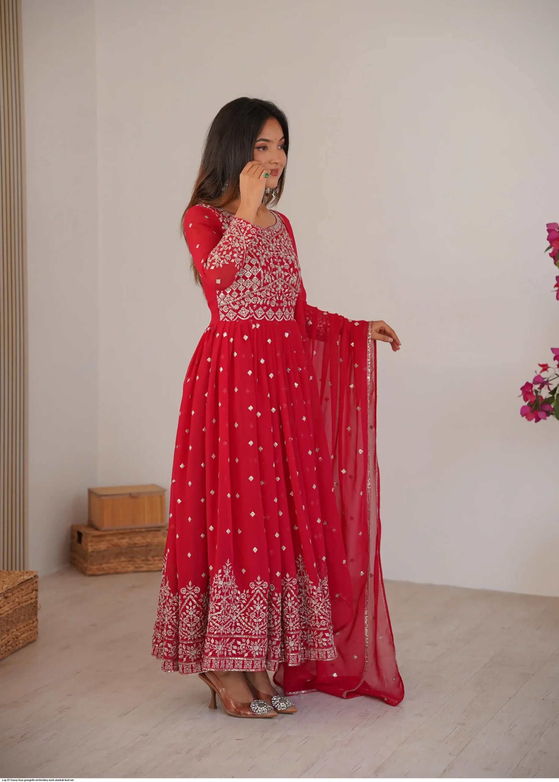 Shiny Red Faux Georgette Thread Work Anarkali Suit - Image 4