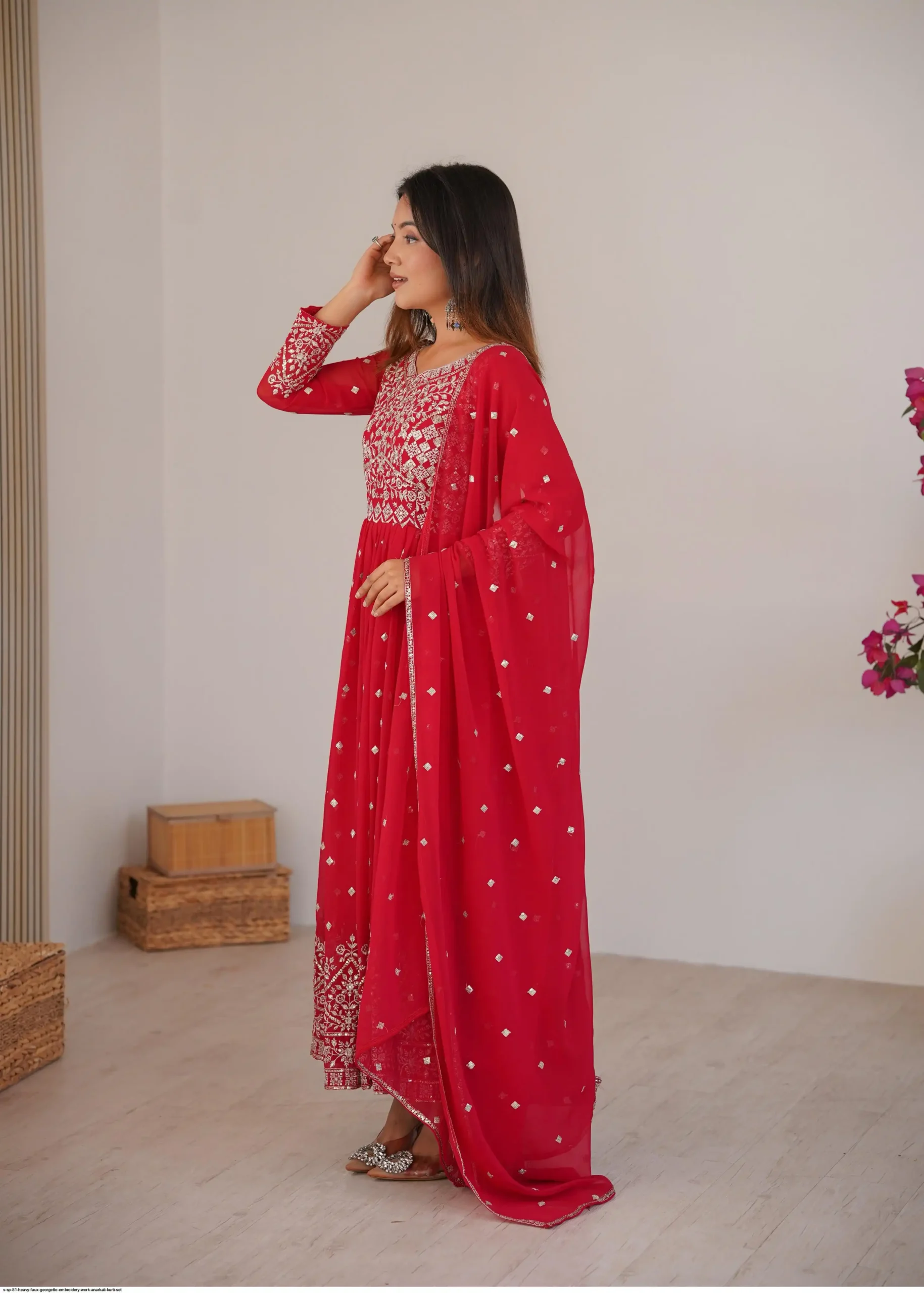 Shiny Red Faux Georgette Thread Work Anarkali Suit - Image 3