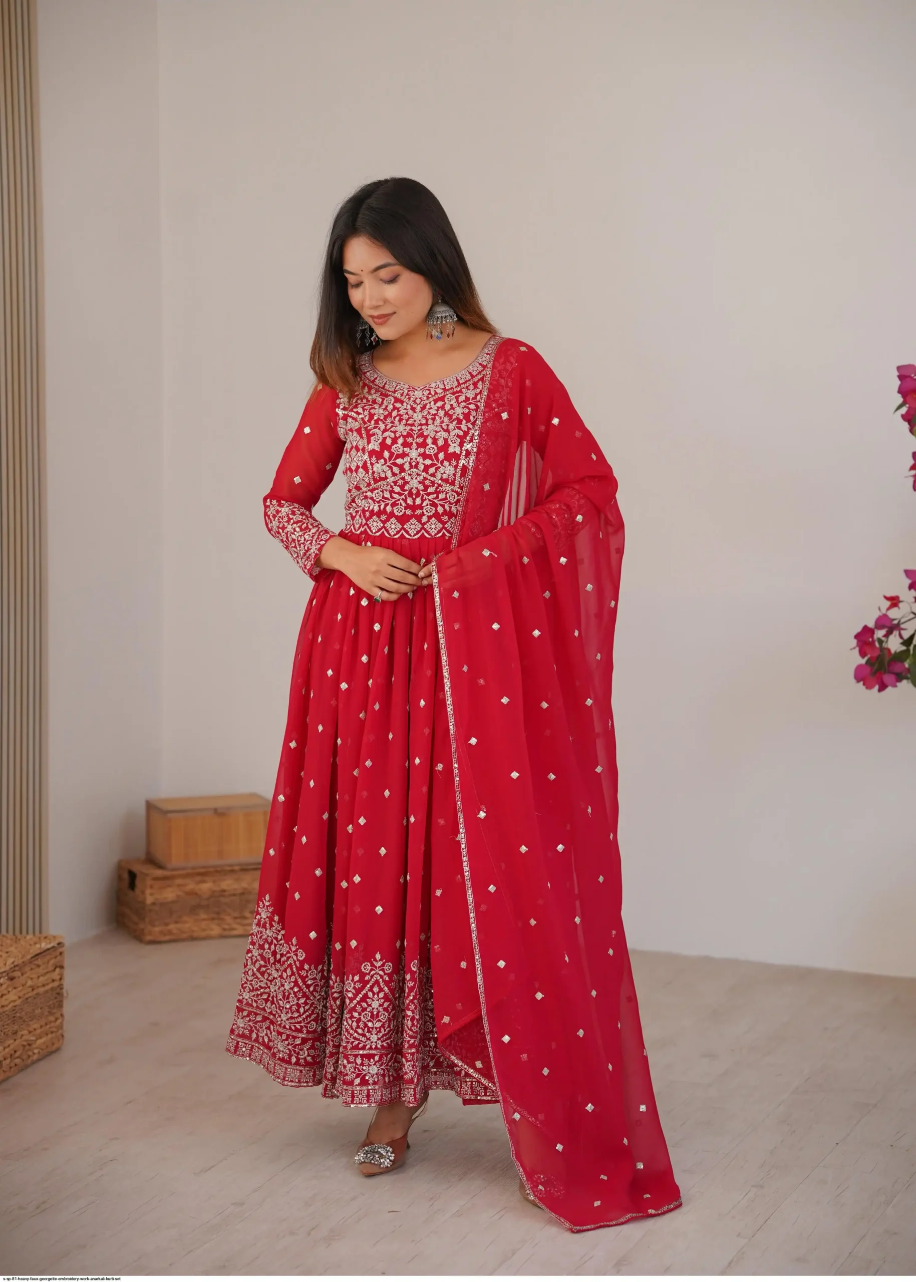 Shiny Red Faux Georgette Thread Work Anarkali Suit