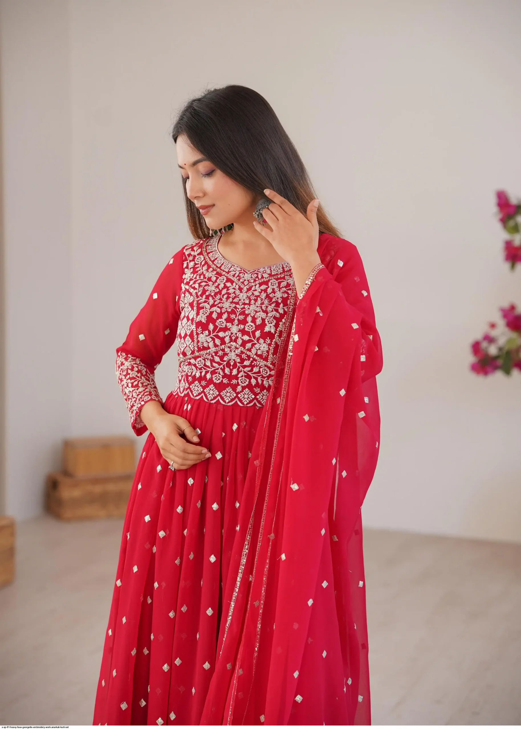 Shiny Red Faux Georgette Thread Work Anarkali Suit - Image 6