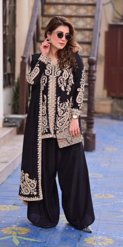 KD 1631 Black Black Faux Georgette Salwar Suit with Embroidery Work. Get it for ₹2099. Delivery 4-6 Working Days. Shop now. | Casual Suits, Jump Suits, Creative suits, Designer Suits, Palazzo Suits, Party Wear Suits, Patiala Suits, Salwar suit, Straight Suits