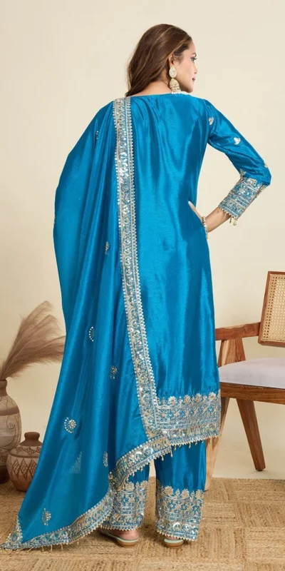 ZD 10020 Blue Chinon Silk Salwar Suit Perfect for Wedding, Party, Ganesh Chaturthi, Baby Shower, Makar Sankranti – . Affordable Price ₹1999. | Casual Suits, Jump Suits, Creative suits, Designer Suits, Palazzo Suits, Party Wear Suits, Patiala Suits, Salwar suit, Straight Suits