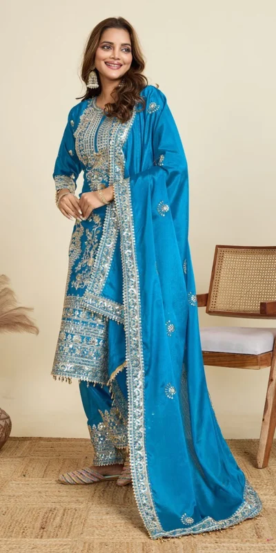 ZD 10020 Blue Chinon Silk Salwar Suit Perfect for Wedding, Party, Ganesh Chaturthi, Baby Shower, Makar Sankranti – . Affordable Price ₹1999. | Casual Suits, Jump Suits, Creative suits, Designer Suits, Palazzo Suits, Party Wear Suits, Patiala Suits, Salwar suit, Straight Suits
