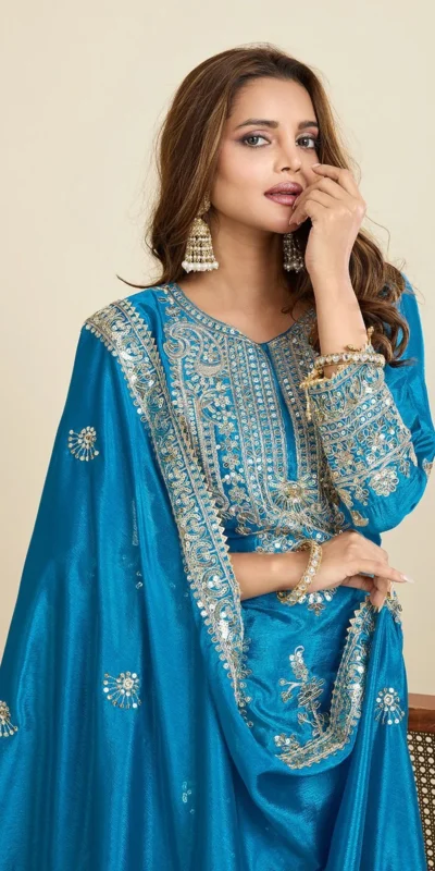 ZD 10020 Blue Chinon Silk Salwar Suit Perfect for Wedding, Party, Ganesh Chaturthi, Baby Shower, Makar Sankranti – . Affordable Price ₹1999. | Casual Suits, Jump Suits, Creative suits, Designer Suits, Palazzo Suits, Party Wear Suits, Patiala Suits, Salwar suit, Straight Suits