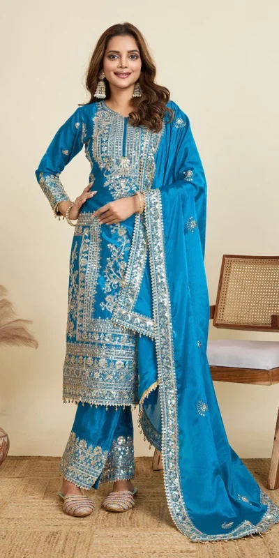 ZD 10020 Blue Chinon Silk Salwar Suit Perfect for Wedding, Party, Ganesh Chaturthi, Baby Shower, Makar Sankranti – . Affordable Price ₹1999. | Casual Suits, Jump Suits, Creative suits, Designer Suits, Palazzo Suits, Party Wear Suits, Patiala Suits, Salwar suit, Straight Suits