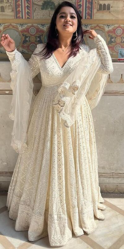ZB 5029 White Fox Georgette Gown Perfect for Wedding, Party, Makar Sankranti, Festival Celebrations, Engagement –. Grab it for ₹2549. Delivery 4-6 Worki | Bollywood Gowns, Creative Gowns, Designer Gowns, Embroidered Gowns, Gowns, Party Wear Gowns