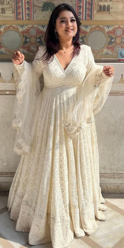 ZB 5029 White Fox Georgette Gown Perfect for Wedding, Party, Makar Sankranti, Festival Celebrations, Engagement –. Grab it for ₹2549. Delivery 4-6 Worki | Bollywood Gowns, Creative Gowns, Designer Gowns, Embroidered Gowns, Gowns, Party Wear Gowns