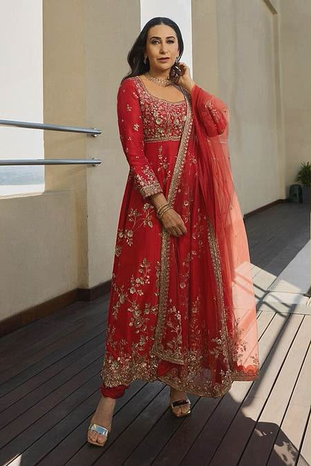 SSR 545 Red in Red Georgette Embroidery Work & Sequins Work Gown . Festive Deal ₹2149. Delivery 4-6 Working Days. Shop now. | Bollywood Gowns, Creative Gowns, Designer Gowns, Embroidered Gowns, Gowns, Party Wear Gowns