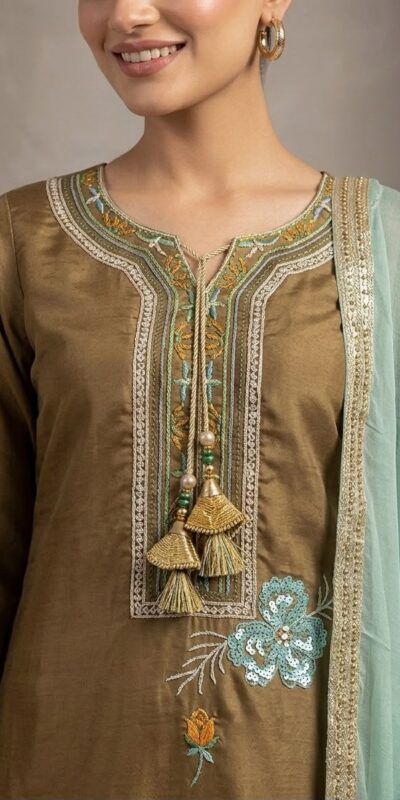 LG 2120 Brown | Brown Glass Roman Salwar Suit with Embroidery Work. Introductory Price ₹1999. Delivery 4-6 Working Days. Shop now. | Casual Suits, Jump Suits, Creative suits, Designer Suits, Palazzo Suits, Party Wear Suits, Patiala Suits, Salwar suit, Straight Suits