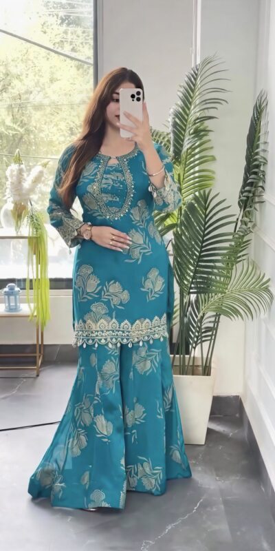 NSR 900 Sky Blue Faux Georgette Salwar Suit with Sequins Work & Embroidery Work. Now at just ₹2150. Delivery 4-6 Working Days. Shop now. | Casual Suits, Jump Suits, Creative suits, Designer Suits, Palazzo Suits, Party Wear Suits, Patiala Suits, Salwar suit