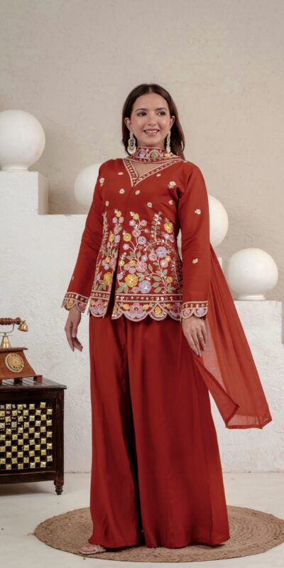 NF 1291 Rust Roman Silk Salwar Suit Perfect for Wedding, Party, Lohri, Onam, Reception – . Grab it for ₹2049. Delivery 4-6 Working Days. Shop now. | Casual Suits, Jump Suits, Creative suits, Designer Suits, Palazzo Suits, Party Wear Suits, Patiala Suits, Salwar suit, Straight Suits