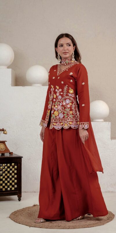 NF 1291 Rust Roman Silk Salwar Suit Perfect for Wedding, Party, Lohri, Onam, Reception – . Grab it for ₹2049. Delivery 4-6 Working Days. Shop now. | Casual Suits, Jump Suits, Creative suits, Designer Suits, Palazzo Suits, Party Wear Suits, Patiala Suits, Salwar suit, Straight Suits