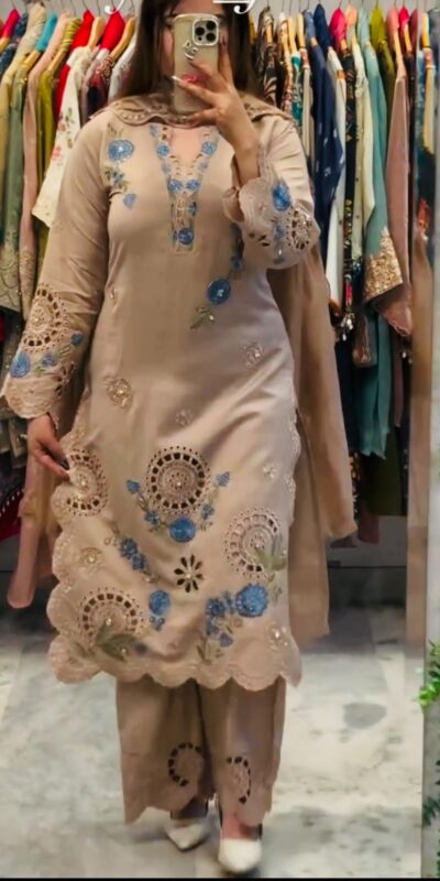 VLM 343 Chiku Roman Salwar Suit with Cut Work & Embroidery Work. Exclusive Offer ₹2449. Delivery 4-6 Working Days. Shop now. | Casual Suits, Jump Suits, Creative suits, Designer Suits, Palazzo Suits, Party Wear Suits, Patiala Suits, Salwar suit, Straight Suits